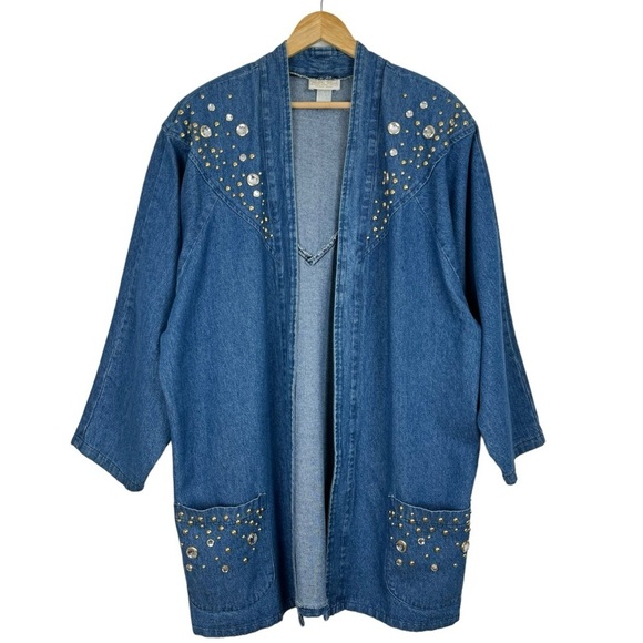 Vintage Marshall Rousso Long Denim Jacket XL Blue Studded Western Oversized - Picture 1 of 15